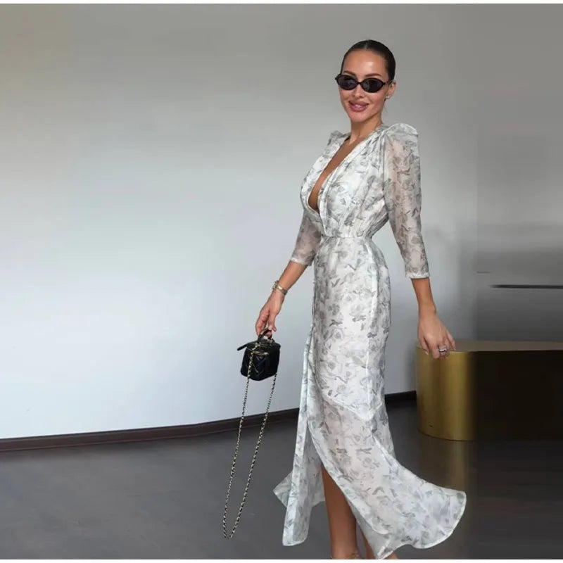 Floral Print Sheer Chiffon Dress Deep V-neck Single Breasted Split Bodycon Mermaid Gown 2026 Summer Chic Elegant Party Dresses
