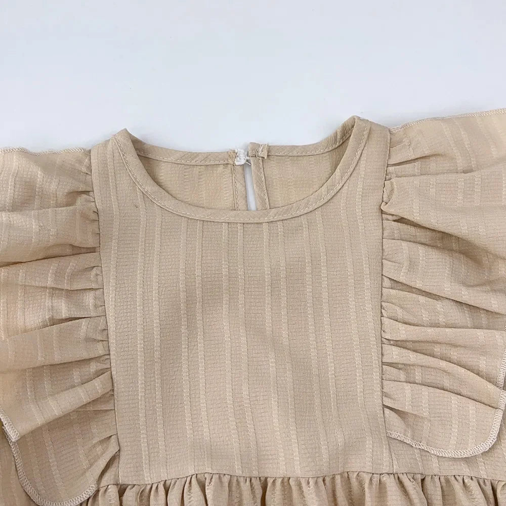 Autumn Kids Dresses for Girls Round Neck Long Sleeved Pleated Edge Solid Color Dress Kids Clothes Children's Daily Casual Wear