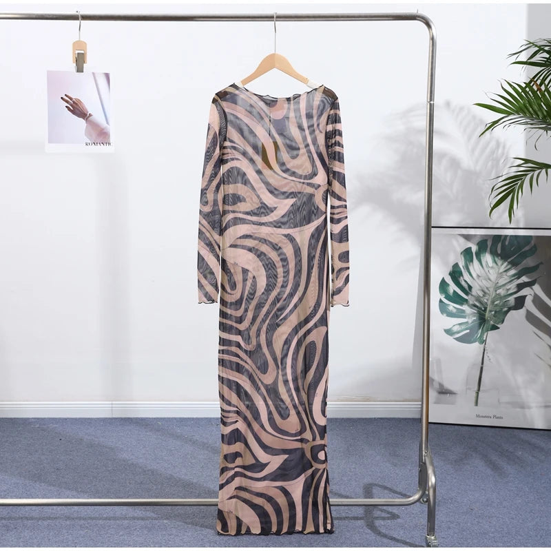 2025 New Fashion Print Beach Long Dress Summer Women Spaghetti Strap Dress Long Sleeve O-Neck Dresses Summer New Lady Robes