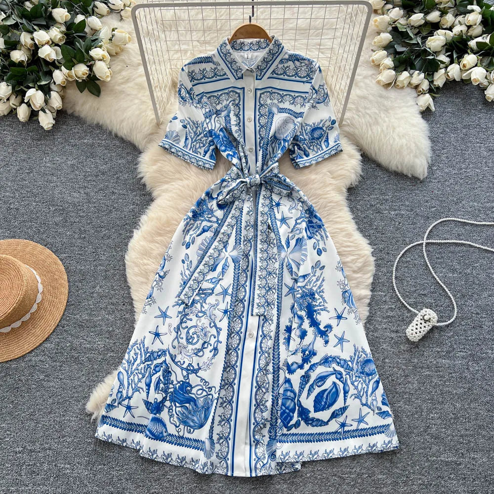Fashion Summer Floral Long Dress Women Purple Porcelain Print Midi Dresses Shirt Single Breasted Office Lady Work Holiday Runway