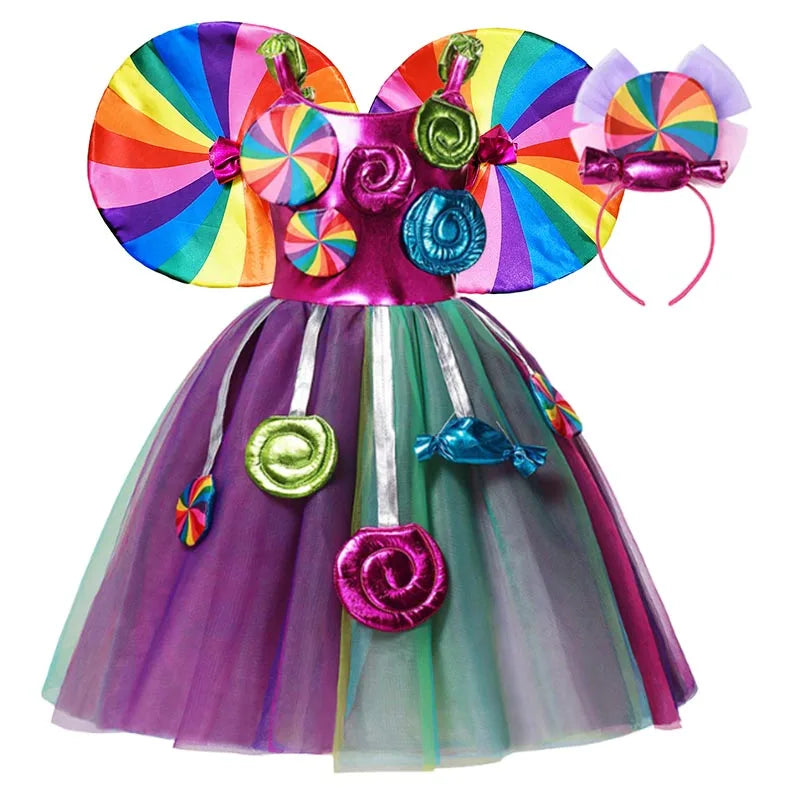 Girls Rainbow Lollipop Costume Princess Dress Purim Festival Candy Vestido Fancy Carnival Birthday Children Fantasy Wings Outfit