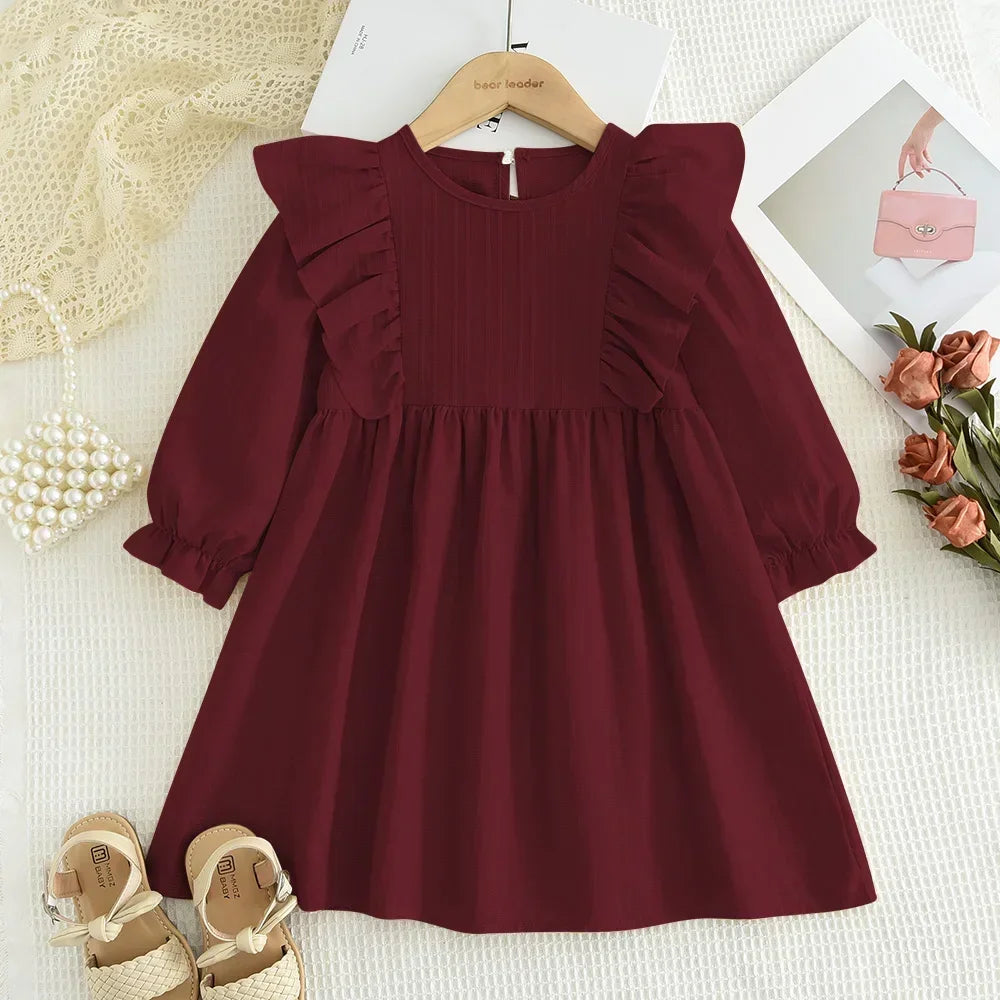Autumn Kids Dresses for Girls Round Neck Long Sleeved Pleated Edge Solid Color Dress Kids Clothes Children's Daily Casual Wear