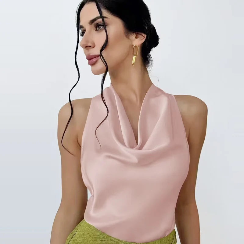HXAO Satin Halter Top Women Summer 2025 Black Yellow Tanks & Camis Crop Smooth Off Shoulder Tank Top Sleeveless Backless Vests