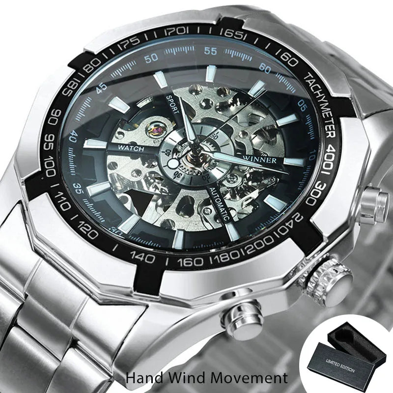 WINNER Fashion Skeleton Watch for Men Luminous Hand Classsic Mechanical Watches Stainless Steel Band Luxury Forsining Wristwatch