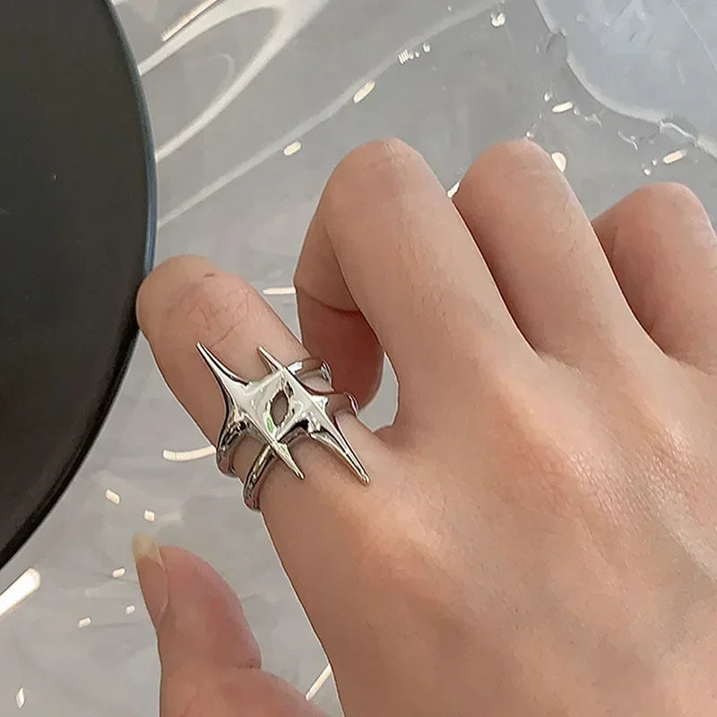 Y2K Hip Hop Silver Color Copper Stars Open Rings for Women Men Fashion Adjustable Couple Rings Vintage Ring Jewelry Gift