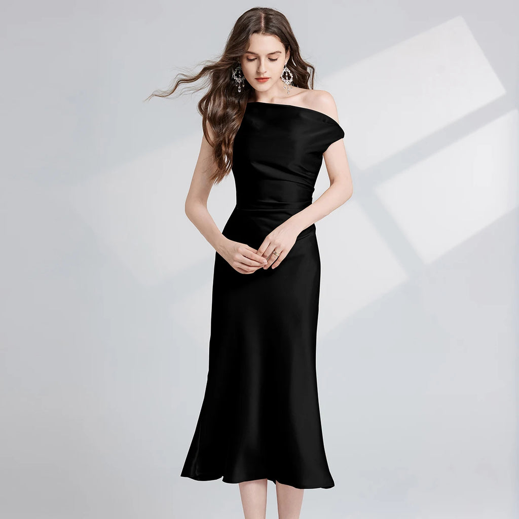 French Summer Autumn Fashion Acetate Satin Evening Dress Women Sexy Slash Neck Pencil Mermaid Long Prom Dresses Lady Gown