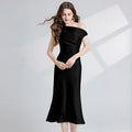 French Summer Autumn Fashion Acetate Satin Evening Dress Women Sexy Slash Neck Pencil Mermaid Long Prom Dresses Lady Gown
