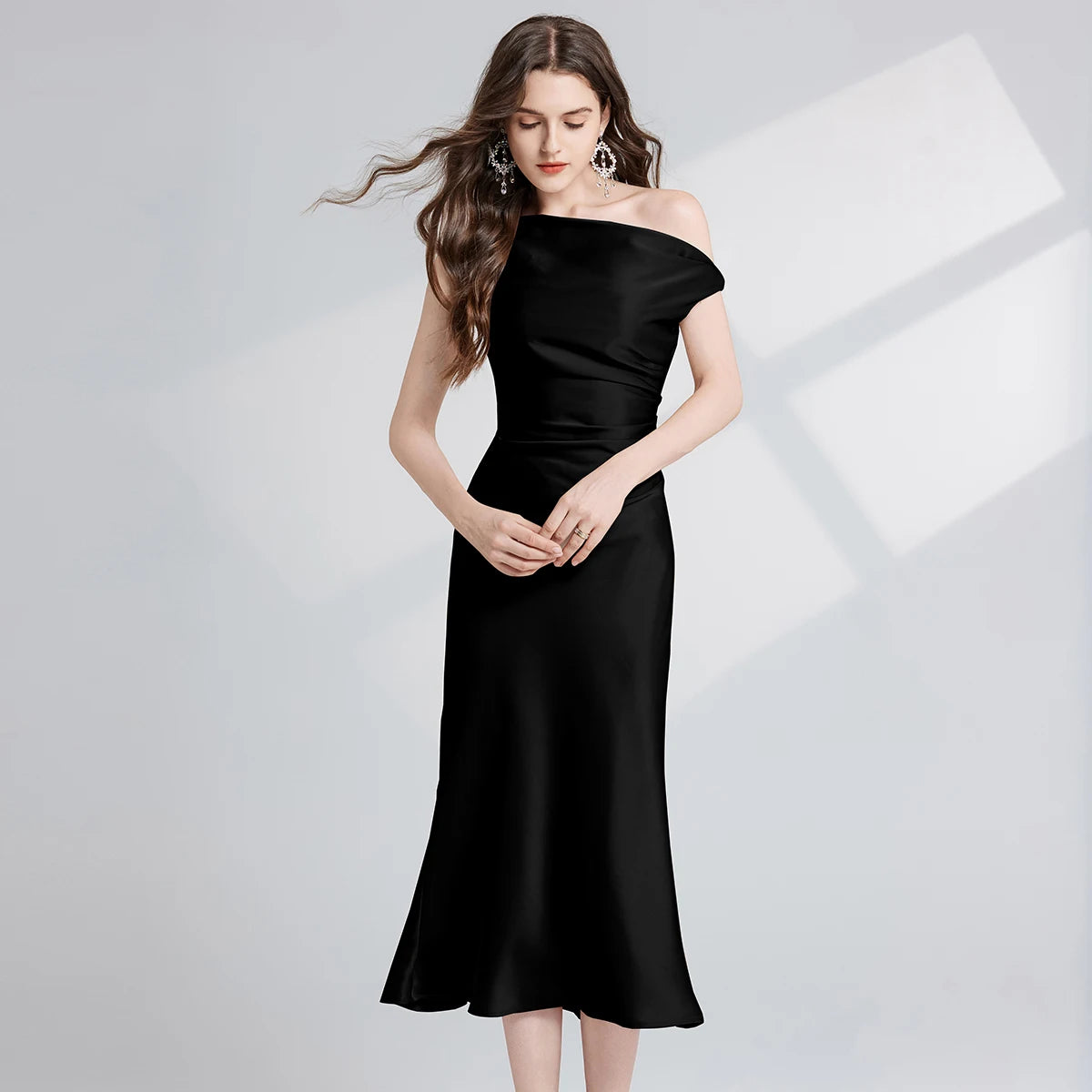 French Summer Autumn Fashion Acetate Satin Evening Dress Women Sexy Slash Neck Pencil Mermaid Long Prom Dresses Lady Gown