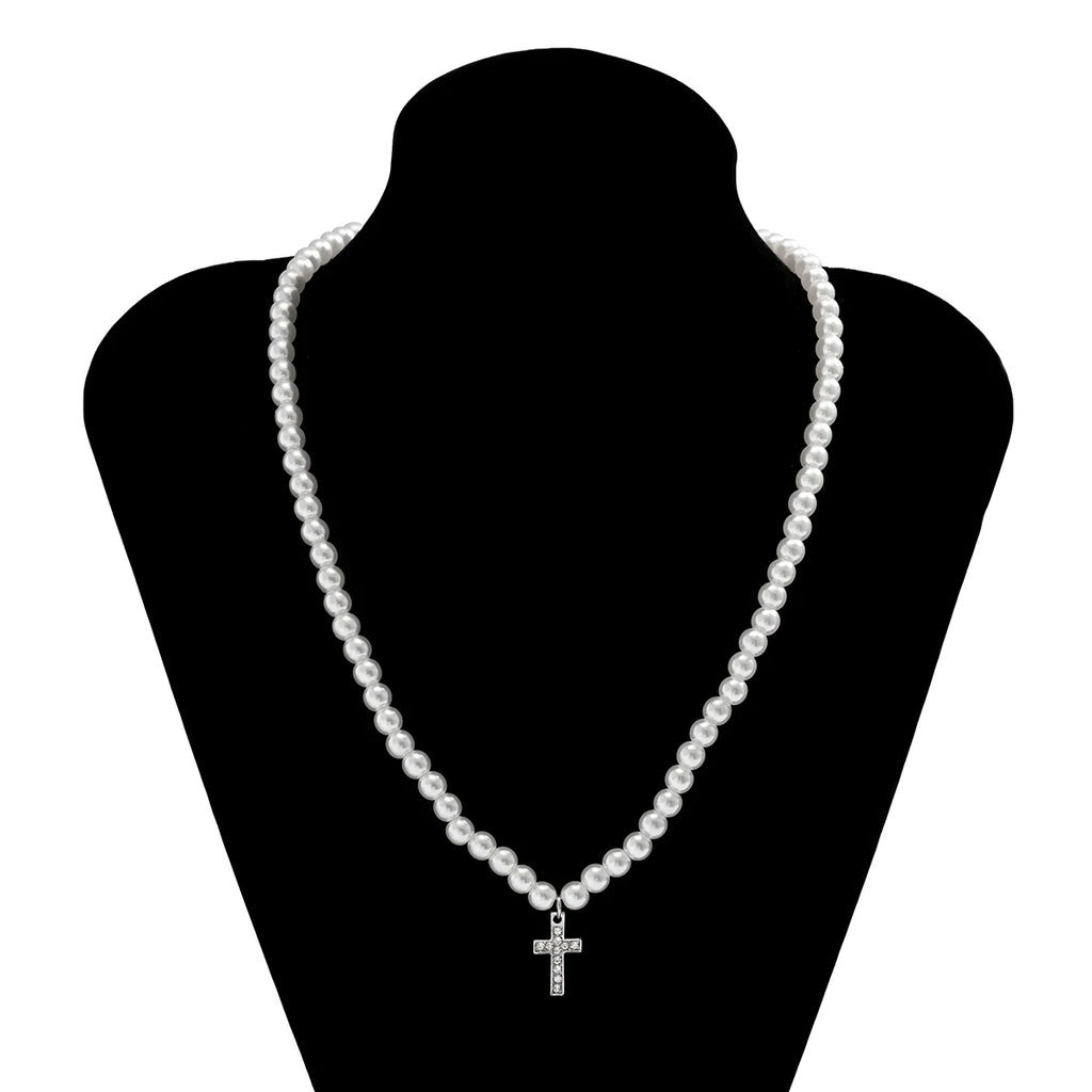 Pearl Beads Chain with Shiny Rhinestone Cross Pendants Necklace Men Trendy White Beaded Choker on Neck 2022 Fashion Jewelry Male