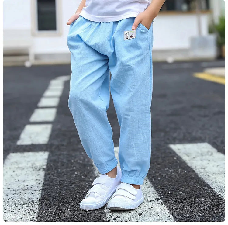 Children Trousers For Boys Girls Cotton Linen Elastic Waist Solid Color Summer Mosquito Pants Kids Clothing Long Pants 100-160cm