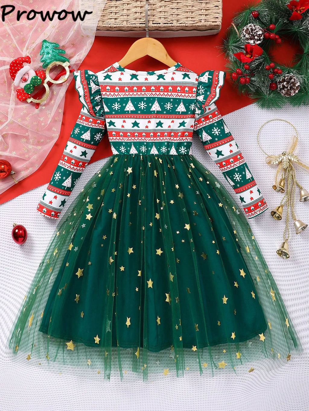 4-7Y Kids Christmas Dresses For Girls Bow Green Xmas Tree Hoodies Dress For New Year Kids Girl Evening Dress Festival Clothing