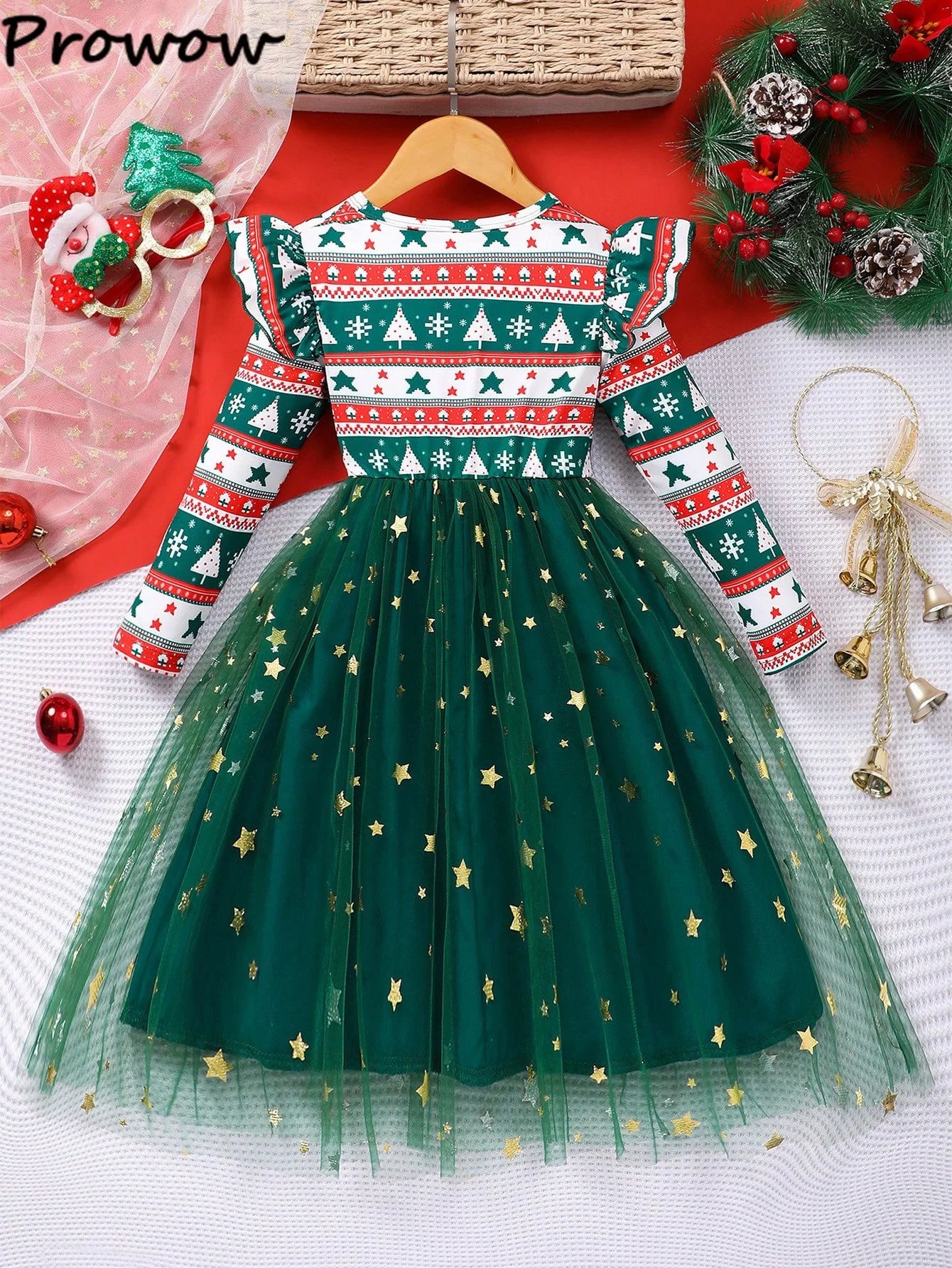 4-7Y Kids Christmas Dresses For Girls Bow Green Xmas Tree Hoodies Dress For New Year Kids Girl Evening Dress Festival Clothing