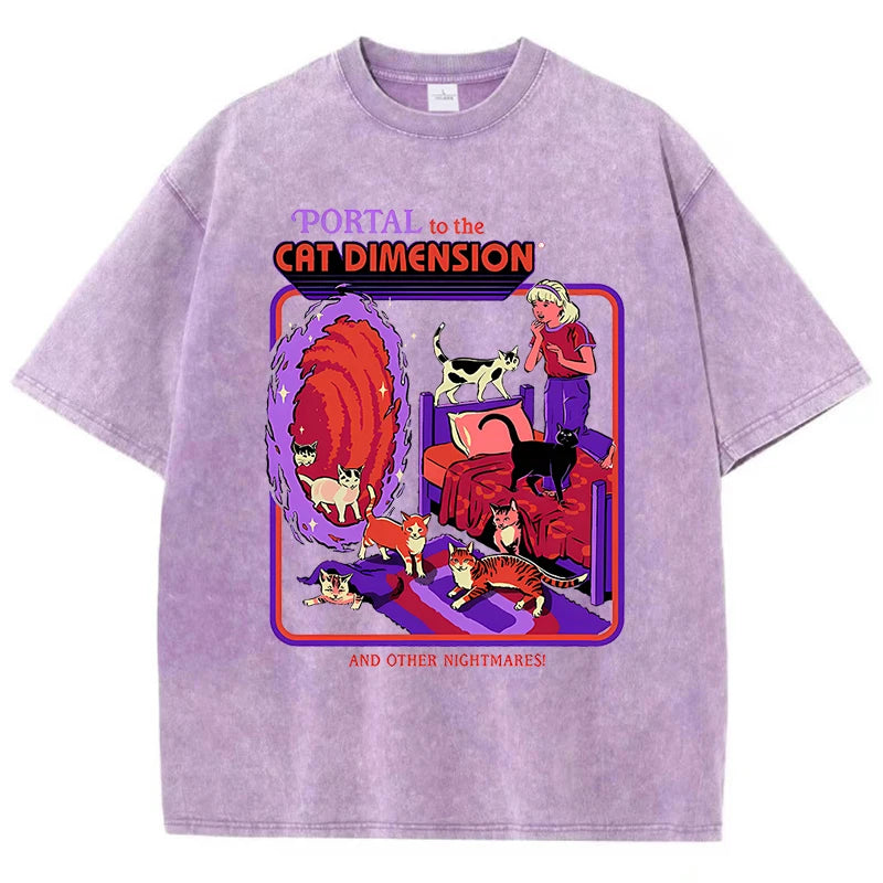 Portal To The Cat Dimension Washed Retro Men Clothes Fashion Summer T-Shirts Streetwear Cotton Loose Tops Breathable Tee Couple