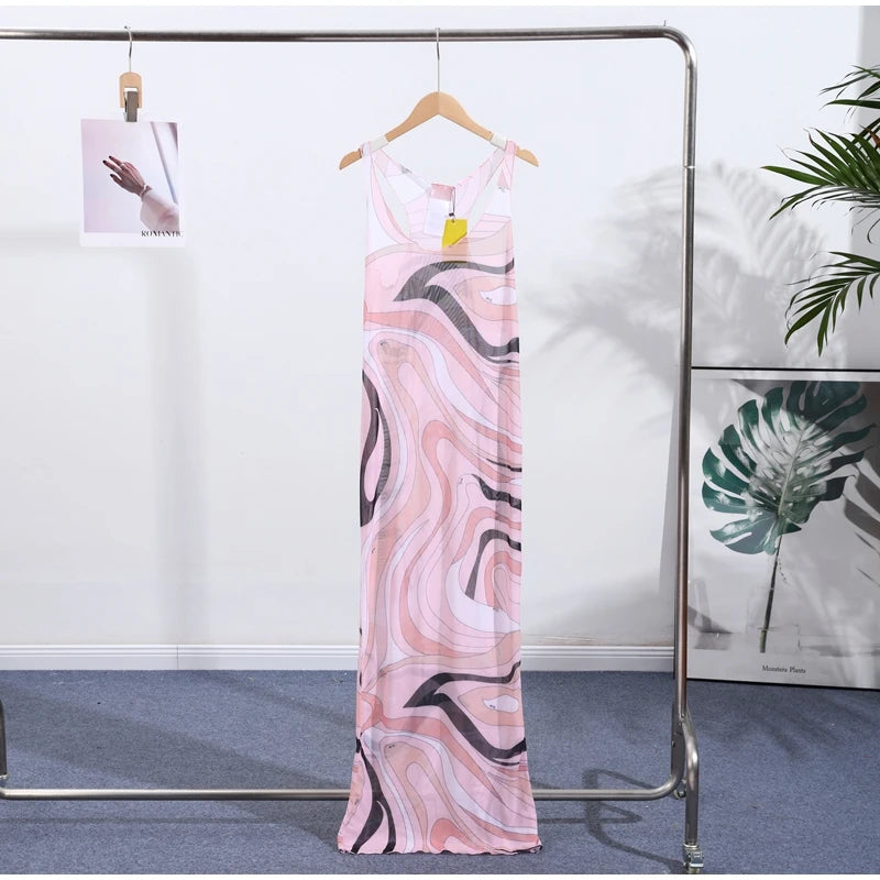 2025 New Fashion Print Beach Long Dress Summer Women Spaghetti Strap Dress Long Sleeve O-Neck Dresses Summer New Lady Robes