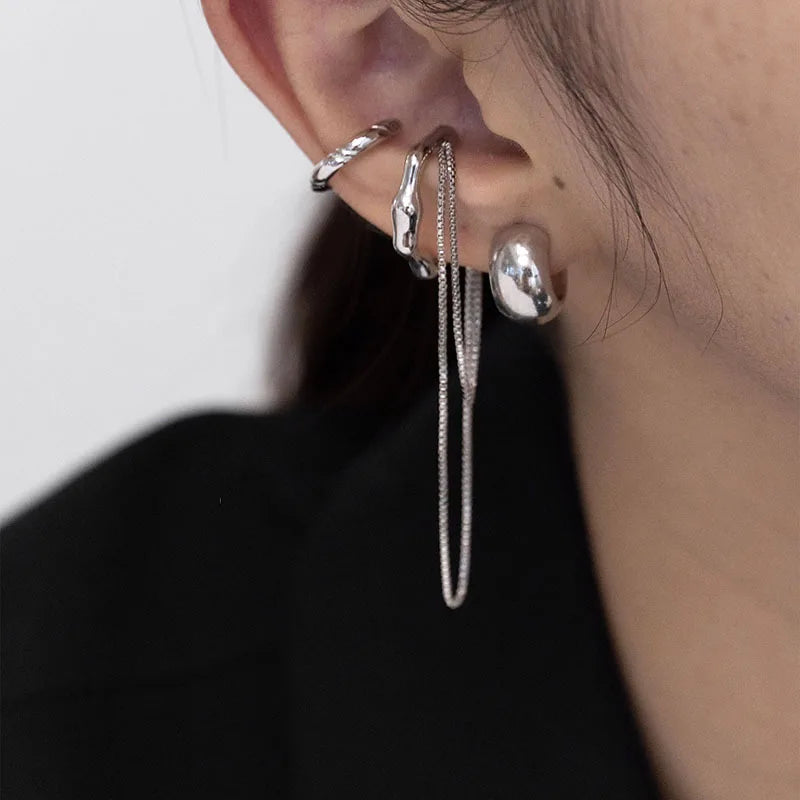 4PCS/SET New Design Gold Silver Color Metal Geometric Irregular Tassel Chain Clip Earrings for Women Non Pierced Ear Cuff 2023
