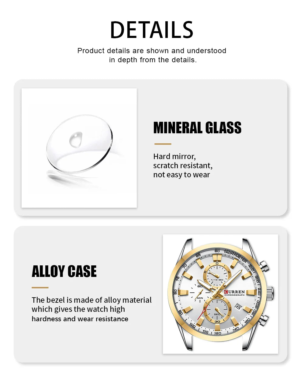 CURREN Casual Sporty Brand Stainless Steel Band Wristwatches for Men  Chronograph Quartz Watches with Date New 8445
