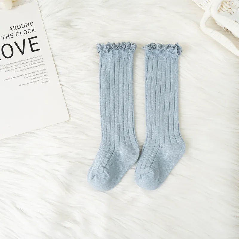 Ruffle Kids Knee High Socks Baby Girls Toddlers Long Soft Cotton Sock Lace Flower Children Princess Uniform Socks For 0-8Years