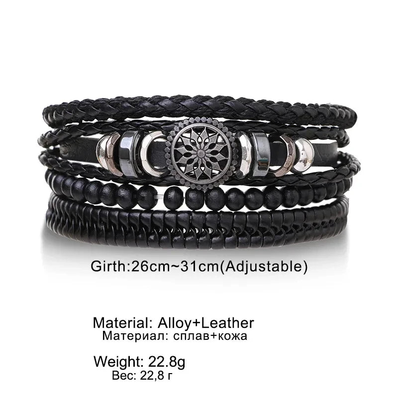 4Pcs/ Set Braided Wrap Leather Bracelets For Men Vintage Life Tree Rudder Charm Wood Beads Ethnic Tribal Wristbands