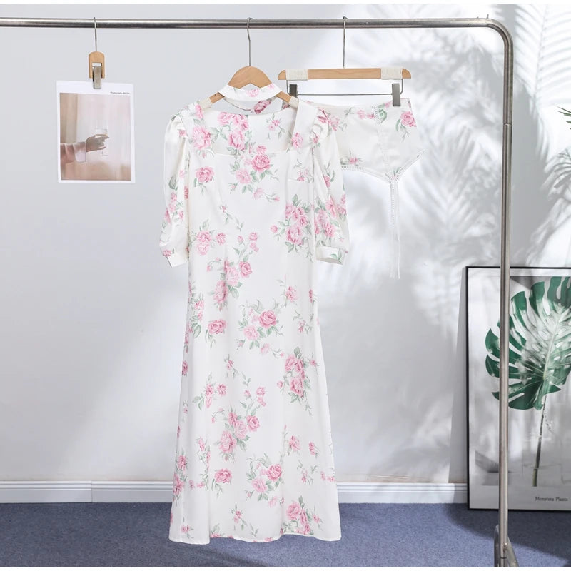 Women Dress Floral Print Satin Choker Neck Puff Sleeve Peplum Waist Maxi Dresses Elegant Vintage Beach Party Bodycon For Ladies