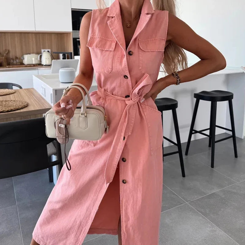 Elegant Laple Collar Lace-up Solid Denim Dress Casual Sleeveless Pocket Slim Long Dress Women Fashion Button Waist Party Dresses