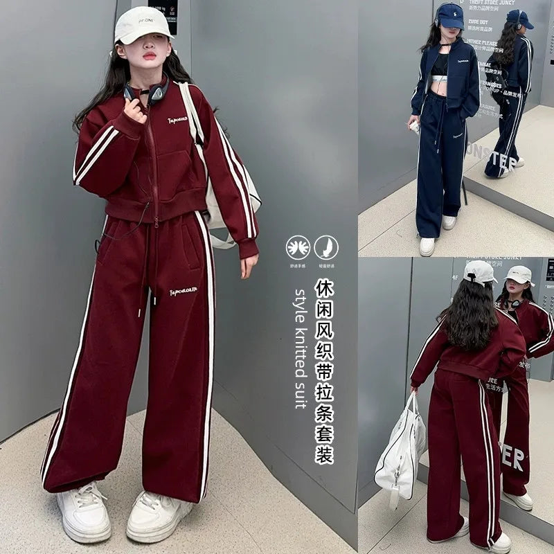 2026 autumn girls Clothes Children Suit Teenager zipped jacket Narrow crop top + wide leg high waist pants 4 5 8 10 11 12 year