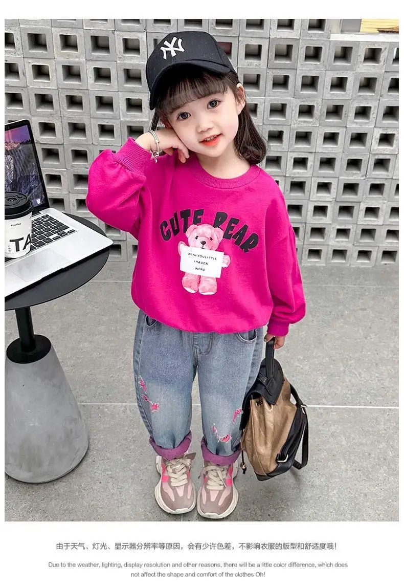 Girls Ripped Jeans Spring Autumn New Children Aging Denim Pants Fashion 2-10Y Kid's Straight Pants Cute Letter Trouser