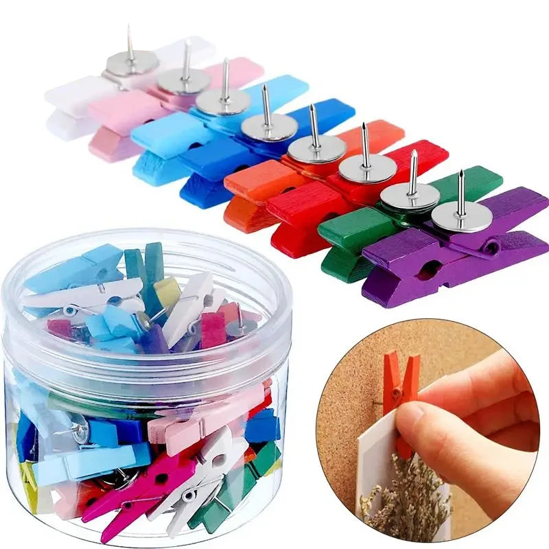 20Pcs/Box Clips Push Pin with Wooden Decorative Clips Durable Wooden Office School Stationery Thumb Tacks For Cork Blackboard