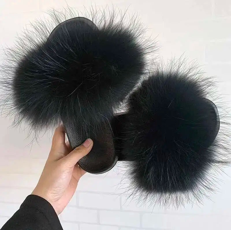 Real Raccoon Fur Slippers For Women 2023 Summer Fluffy Indoor House Fuzzy Flat Slides Outdoor Fashion Beach Sandals Flip Flops