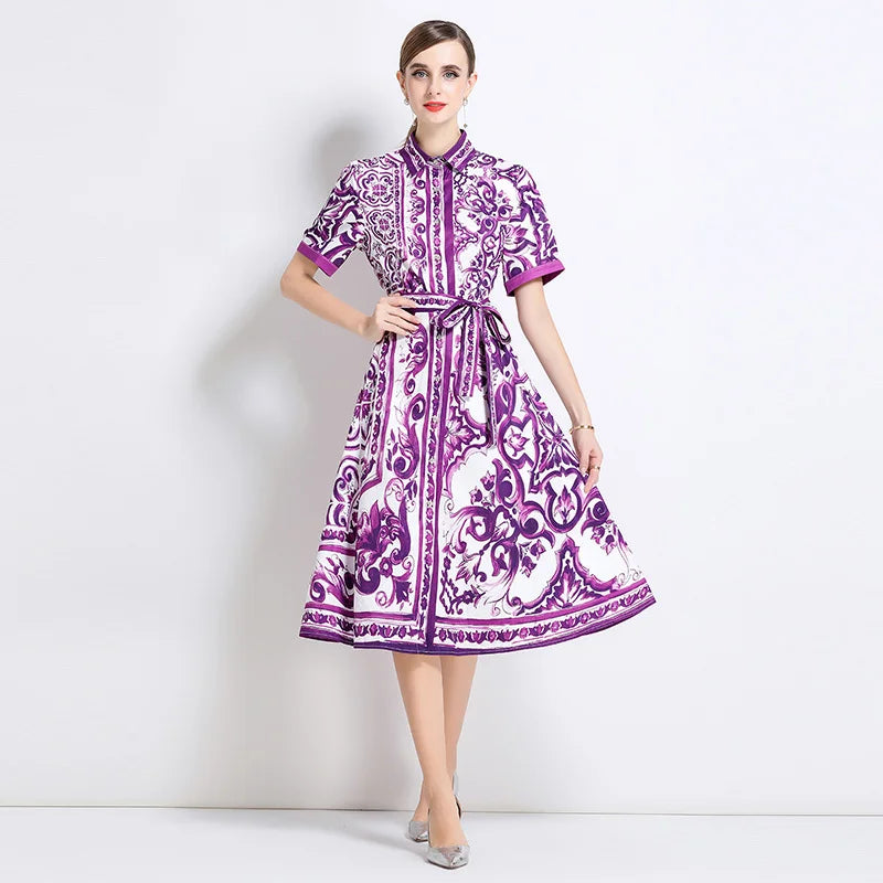 Fashion Summer Floral Long Dress Women Purple Porcelain Print Midi Dresses Shirt Single Breasted Office Lady Work Holiday Runway