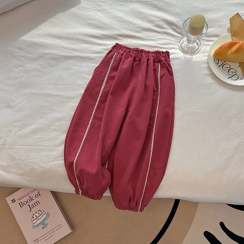Girls Warm Pant 2026 Spring Autumn and Winter New Korean Children Girls Elegant Lace Loose Casual Tight Pants