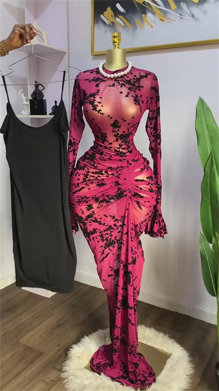 CM.YAYA Women Flare Long Sleeve Stacked Dot Mesh See Though with Lining Maxi Long Dress 2025 Evening Birthday Sexy Party Dresses