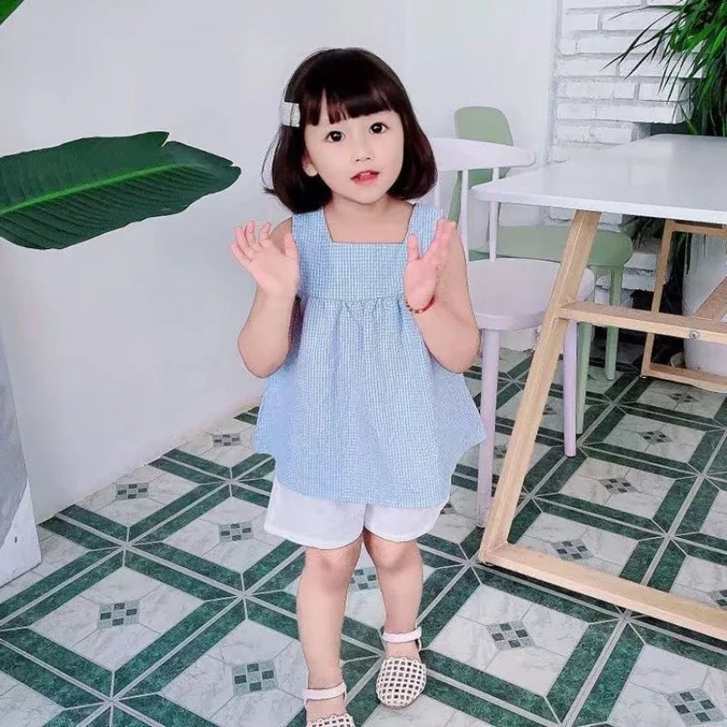 New Summer Kids Girls Clothes Sets Casual Girls Checked Straps+White Shorts 2pcs Suit Children Clothing Set