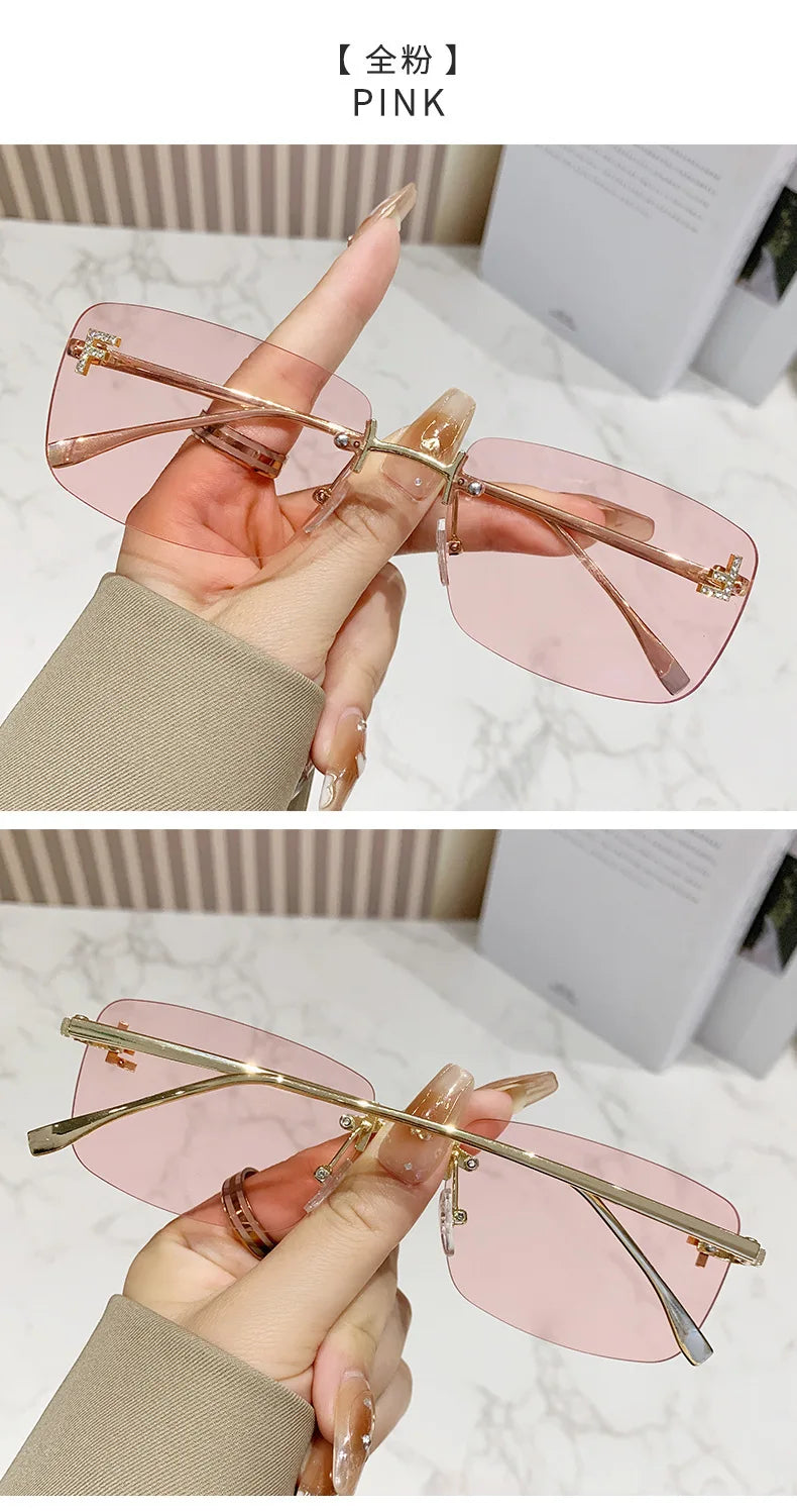 Ruiao rimless sunglasses UV400 fashion square metal glasses for women luxury brand designer diamond y2k small face sun glasses
