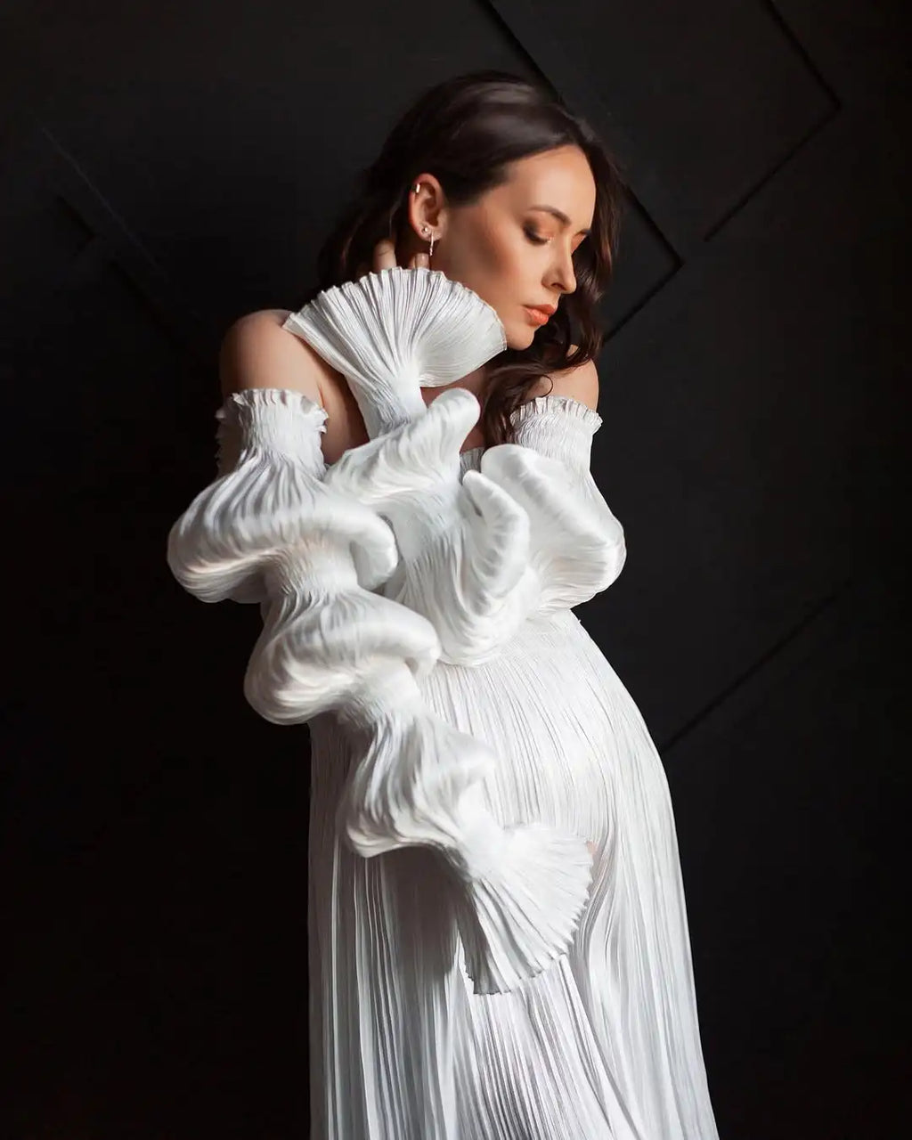 Trendy Off Shoulders Pleats Mesh Maternity Dresses For Photography Wrinkled Fabric Draped Long Pregnancy Gown Lantern Sleeve