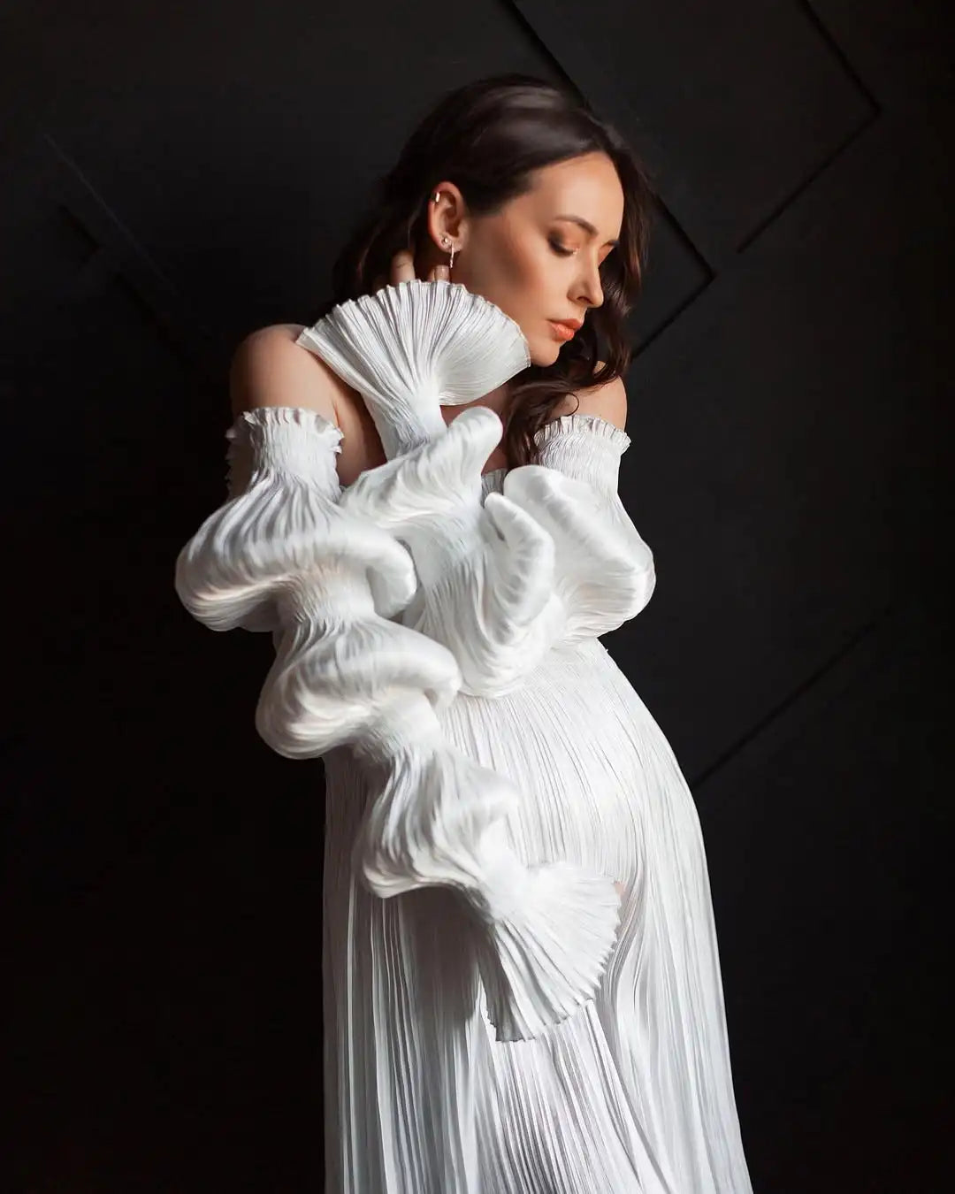 Trendy Off Shoulders Pleats Mesh Maternity Dresses For Photography Wrinkled Fabric Draped Long Pregnancy Gown Lantern Sleeve