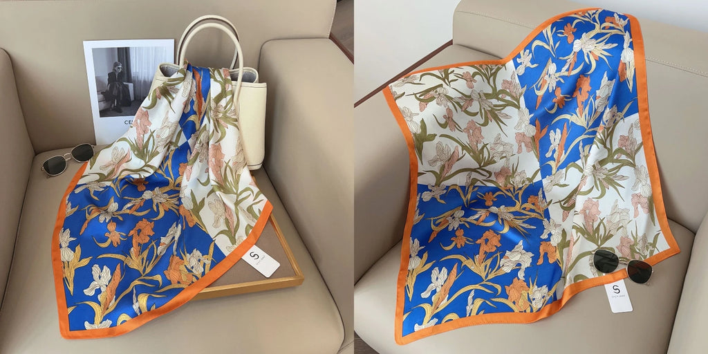 Luxury Floral Print Silk Square Scarf Women Soft Satin Kerchief Hairband Neckerchief Head Hijab Lady Headband Foulard Bag Ribbon