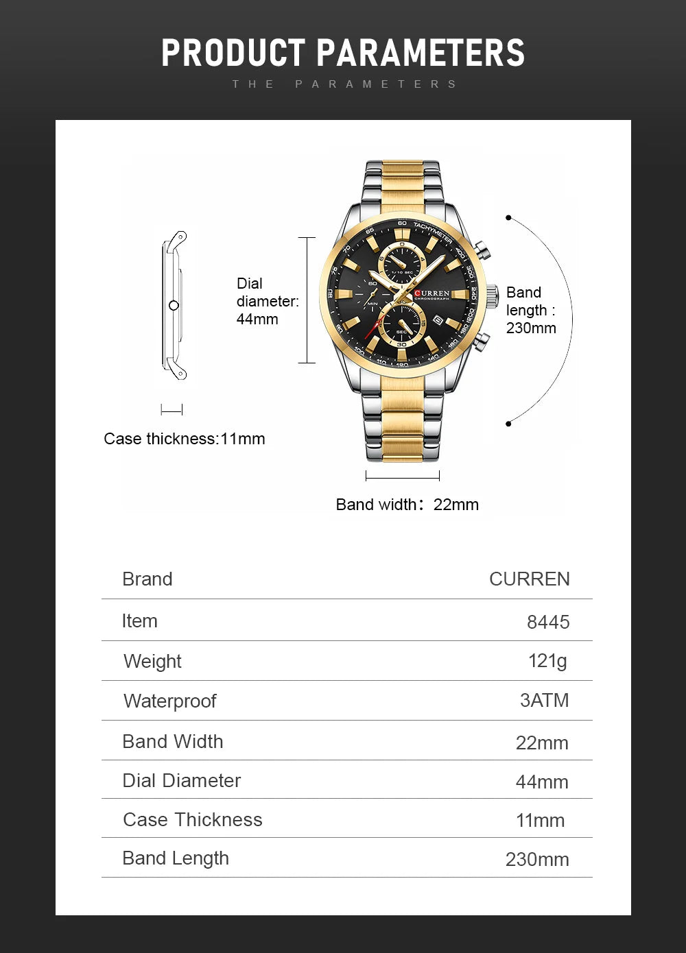 CURREN Casual Sporty Brand Stainless Steel Band Wristwatches for Men  Chronograph Quartz Watches with Date New 8445