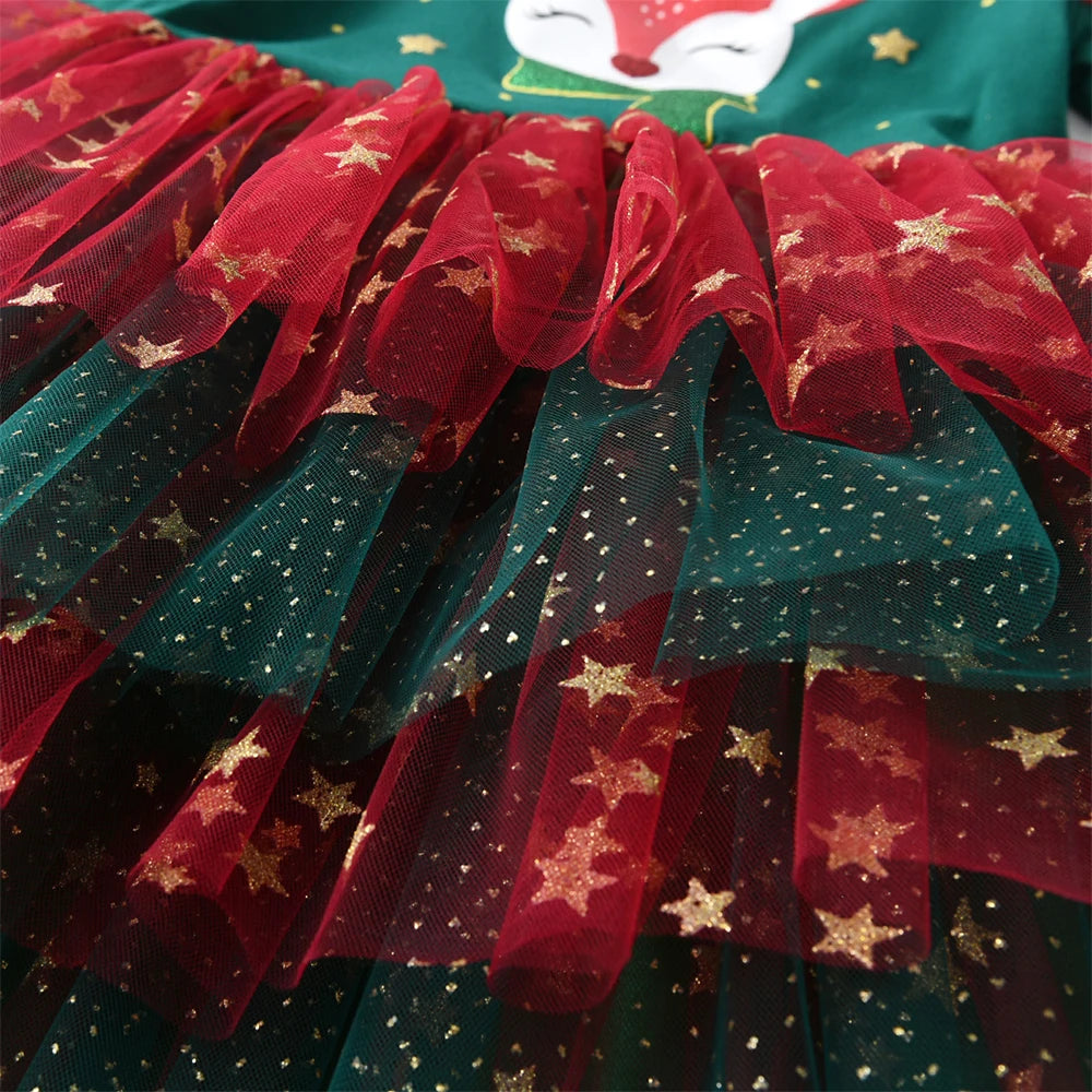 DXTON Princess Dress For Girls Christmas Gift Elk Printed Children New Year Party Clothing Winter Layered Mesh Kids Xmas Dress