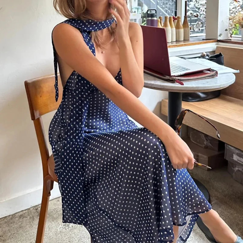 Women Polka Dot Summer Dress with Scarf Coquette Y2k V Neck Tie Back Spaghetti Strap Maxi Dresses 2025 Slim Fit A Line Beachwear
