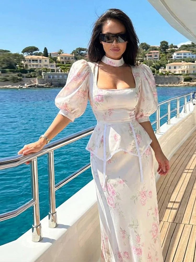 Women Dress Floral Print Satin Choker Neck Puff Sleeve Peplum Waist Maxi Dresses Elegant Vintage Beach Party Bodycon For Ladies