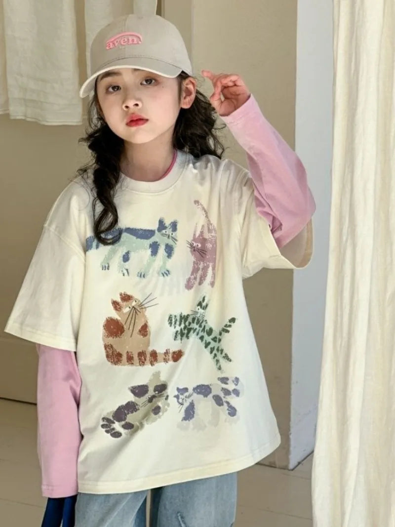 Fake Two Piece Outdoor Clothes for Children Girl From 5 6 Years Kids Girls 8 10 Children's Clothing 7 12 T-shirts Shirt Fashion