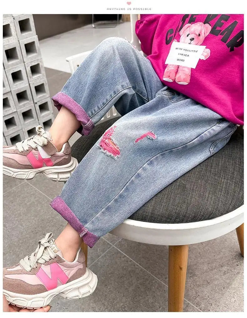 Girls Ripped Jeans Spring Autumn New Children Aging Denim Pants Fashion 2-10Y Kid's Straight Pants Cute Letter Trouser
