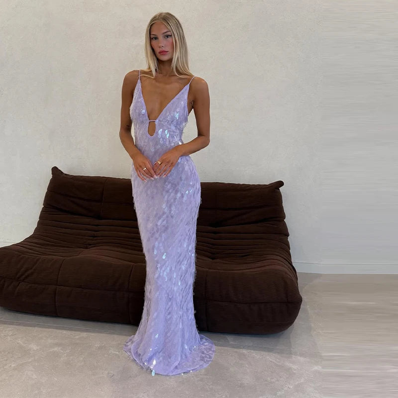 Sexy Sequined Women's Dress Hollow Out Backless V-Neck Slip Top Lady Long Dresses 2026 Spring Summer Female Holiday Robe New