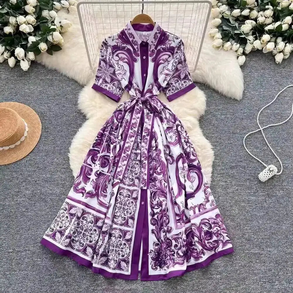Fashion Summer Floral Long Dress Women Purple Porcelain Print Midi Dresses Shirt Single Breasted Office Lady Work Holiday Runway