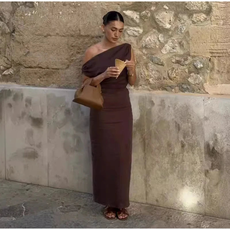 Elegant Off Shoulder Pleated Long Dress Slim Slash Neck Sleeveless Female Party Dresses 2026 Summer Autumn Lady Chic Solid Robes