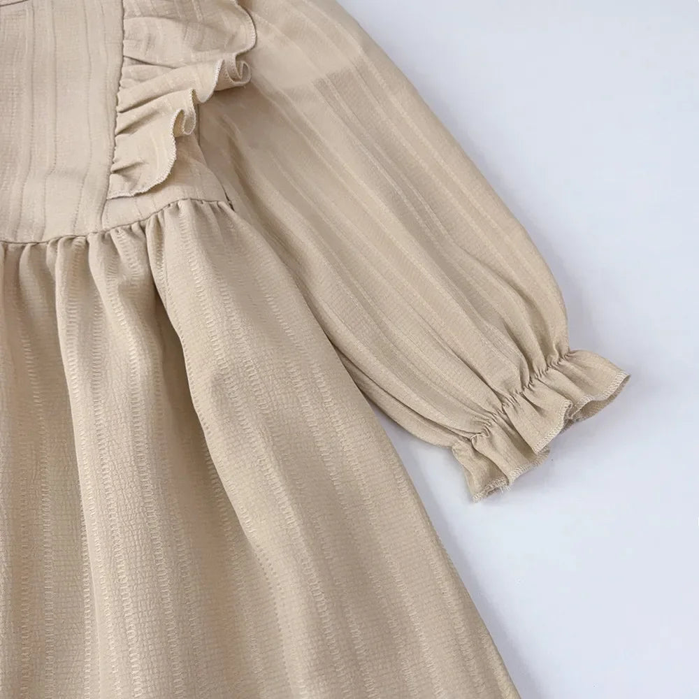 Autumn Kids Dresses for Girls Round Neck Long Sleeved Pleated Edge Solid Color Dress Kids Clothes Children's Daily Casual Wear