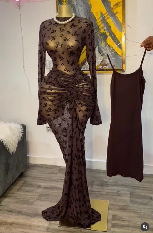 CM.YAYA Women Flare Long Sleeve Stacked Dot Mesh See Though with Lining Maxi Long Dress 2025 Evening Birthday Sexy Party Dresses