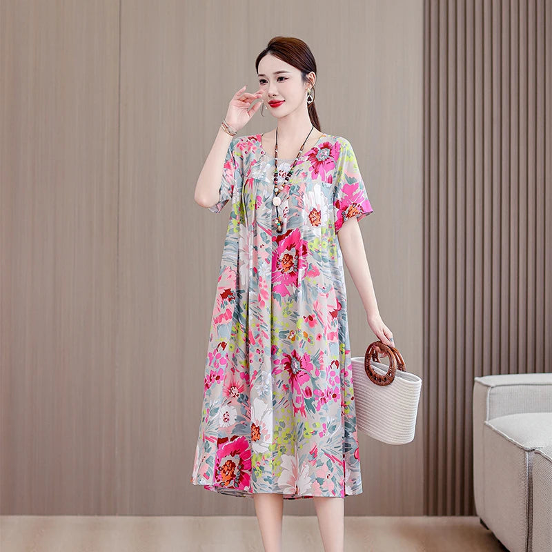 New Casual Fashion 2025 Summer Dress For Women Floral Printing Short Sleeve Elegant Vintage O-Neck Dresses Women Clothing