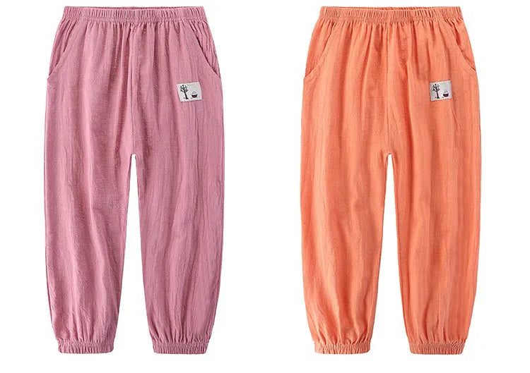 Children Trousers For Boys Girls Cotton Linen Elastic Waist Solid Color Summer Mosquito Pants Kids Clothing Long Pants 100-160cm