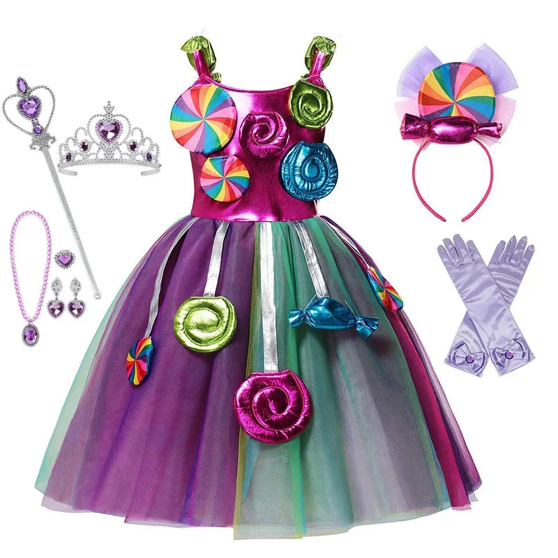 Girls Rainbow Lollipop Costume Princess Dress Purim Festival Candy Vestido Fancy Carnival Birthday Children Fantasy Wings Outfit